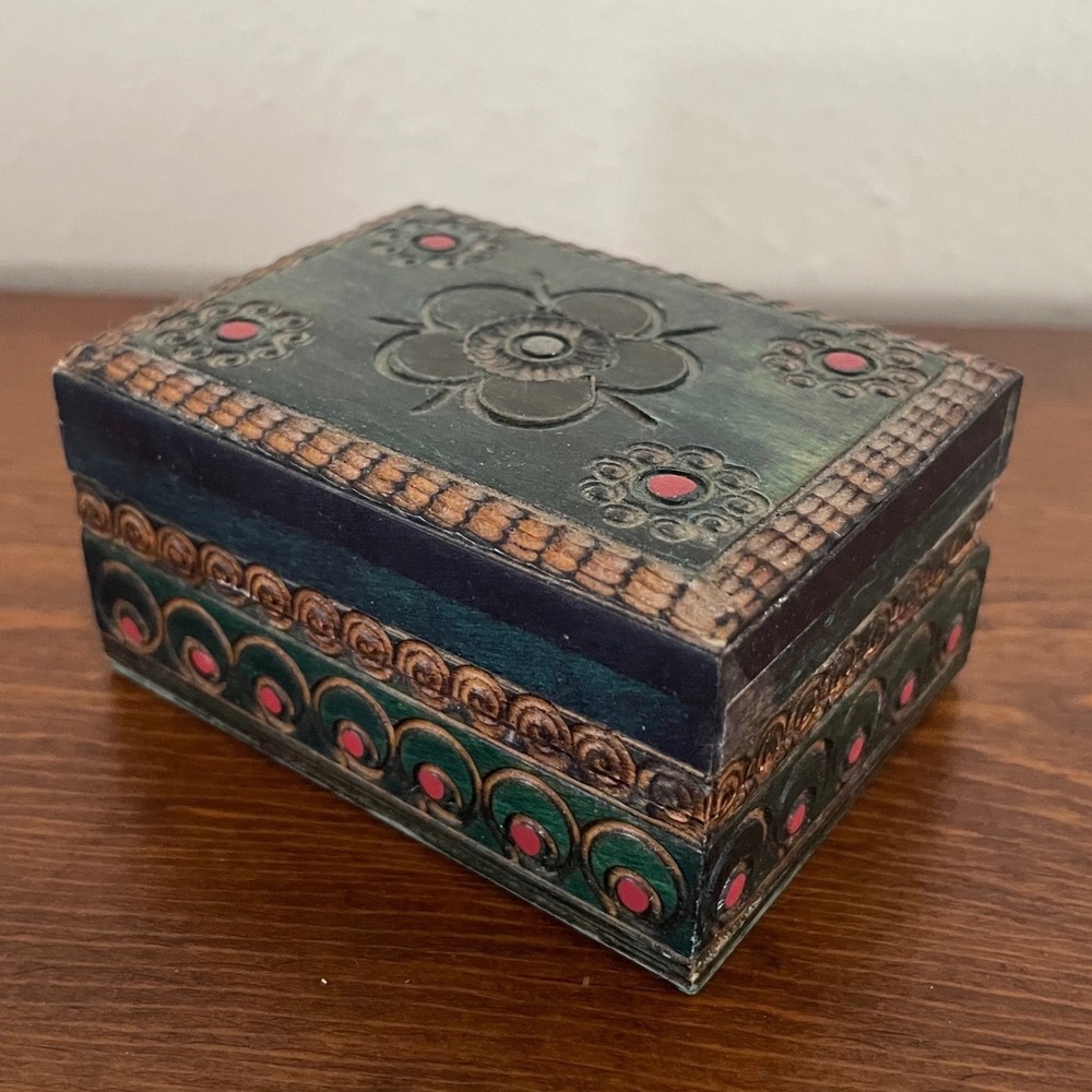 Handcarved Wood Box Hinged Lid Tinket Box Small Jewelry Wooden Carved Painted